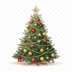 abstract Christmas Tree with lights, red and gold Christmas balls, gold tinsel garland and stars.