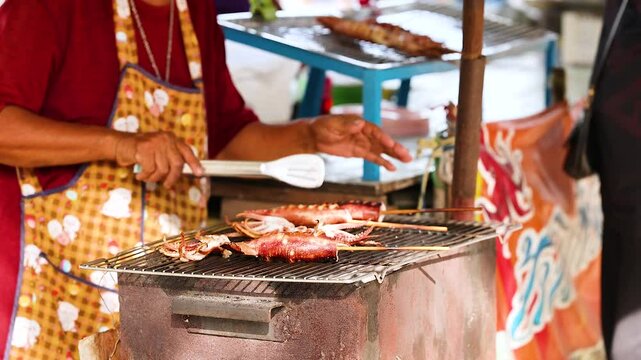 Grilling Squid at Bang Saen Market