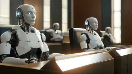 A futuristic courtroom with humanoid robots acting as judges and lawyers, Legal proceedings style, photo of