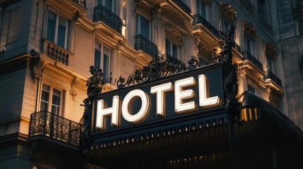 illuminated hotel sign at night showcasing elegant architecture