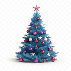 abstract Christmas Tree with lights, red and gold Christmas balls, gold tinsel garland and stars.