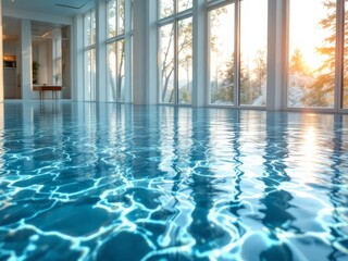Fototapeta premium Modern indoor pool with sunlit windows and rippling water reflections