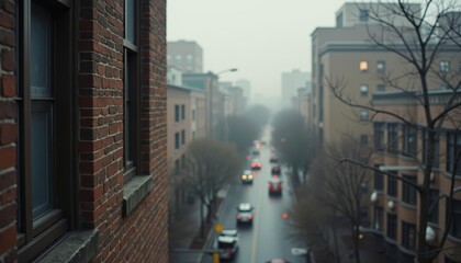 Obraz premium Cityscape view from a window with brick buildings and a foggy street