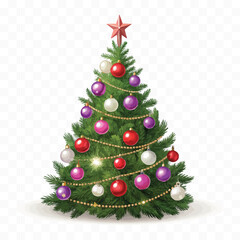 abstract Christmas Tree with lights, red and gold Christmas balls, gold tinsel garland and stars.