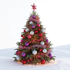 abstract Christmas Tree with lights, red and gold Christmas balls, gold tinsel garland and stars.