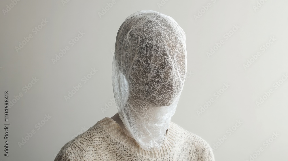 Poster a conceptual representation of identity and anonymity with a figure covered in translucent material