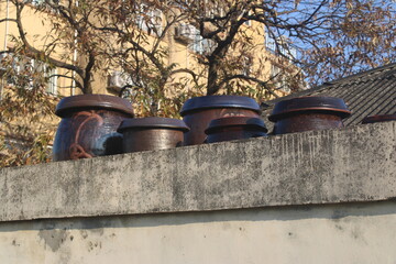 Korean ceramic kimchi jars on rooftop