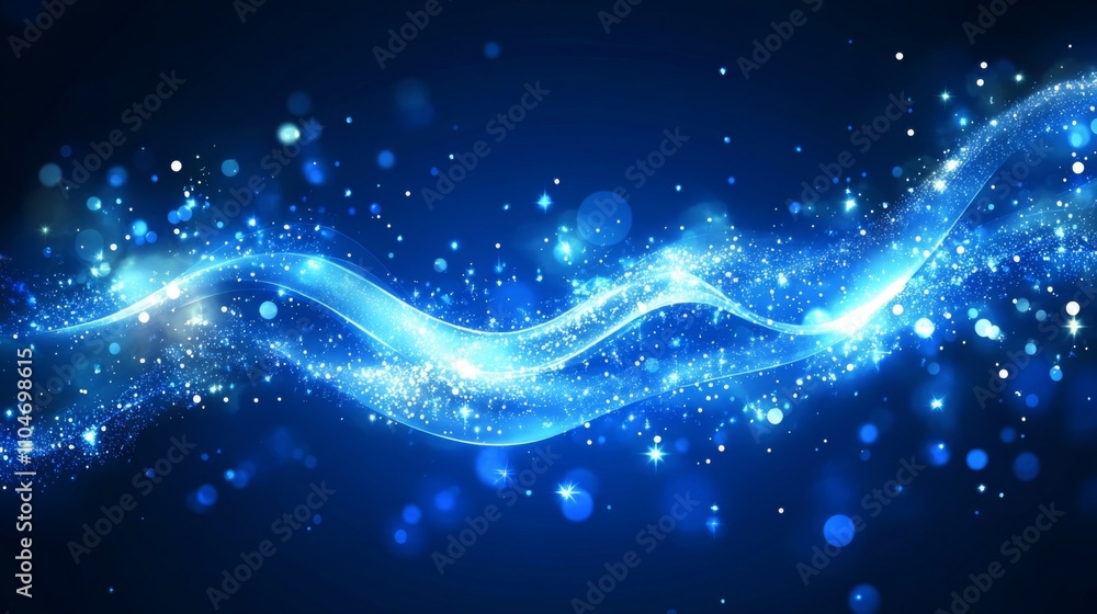 Poster abstract blue wave light with glowing particles and sparkles