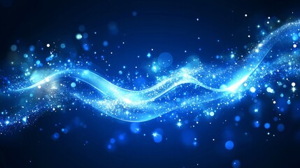 Abstract Blue Wave Light with Glowing Particles and Sparkles