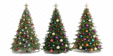 abstract Christmas Tree with lights, red and gold Christmas balls, gold tinsel garland and stars.