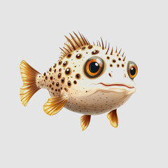 Cute cartoon pufferfish with large eyes and spiky fins swimming against a neutral background, showcasing cheerful and playful sea life illustration in vibrant colors