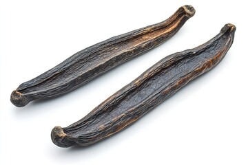 Excellent quality of two dried vanilla bean pods isolated on a white backdrop. Generative Ai