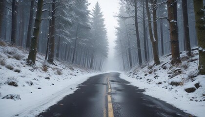 Naklejka premium Snowy road leading through a forest with falling snowflakes, snow, snowflakes