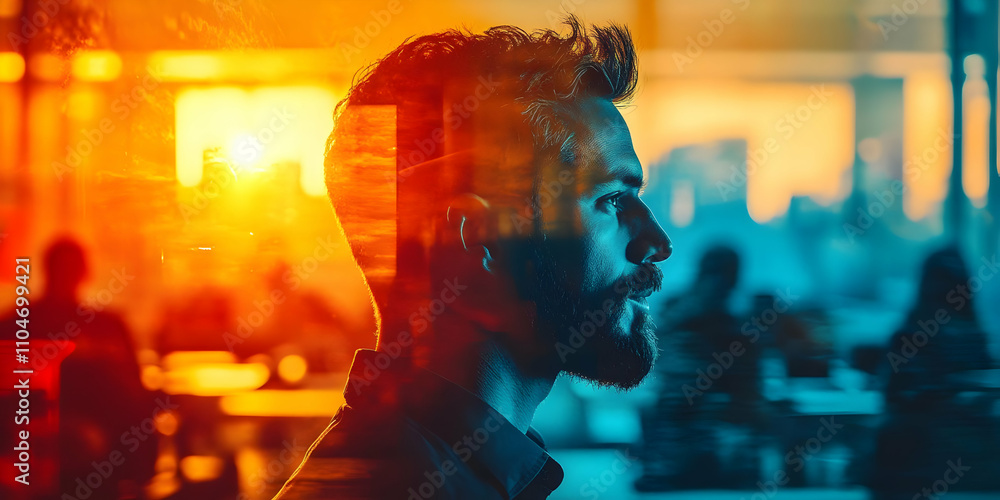 Poster a profile of a man against a vibrant sunset, symbolizing contemplation and introspection.