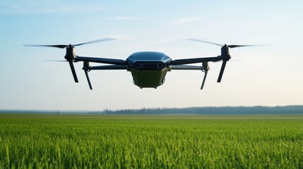 A futuristic drone in mid-flight, open field with clear skies, Aerial style