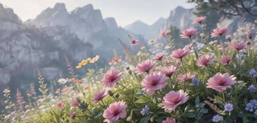 Tranquil watercolor artwork featuring blooming flowers, flowers, floral, artwork, bloom