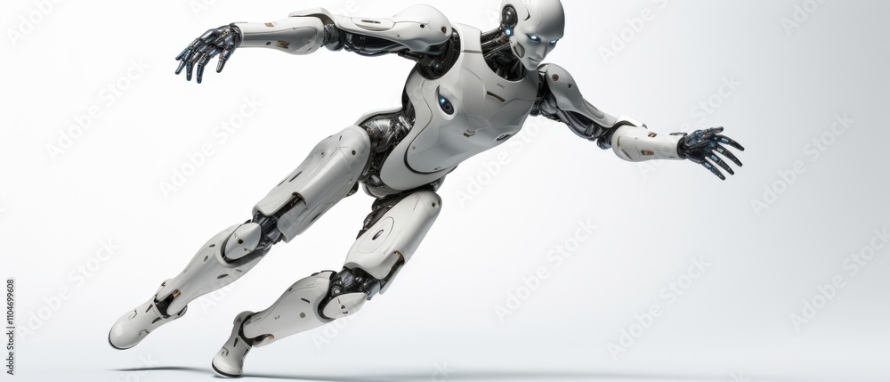 Poster futuristic robot in dynamic pose showcasing advanced technology and design