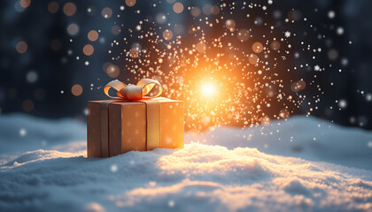 magic shining of christmas present on snow isolated with white highlights, png