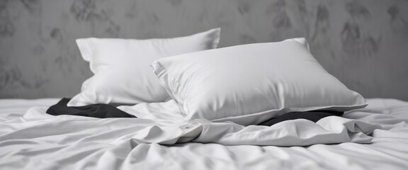 White cotton pillow on white sheet on gray background with black pillow nearby, cotton material, fluffy, bedroom essentials