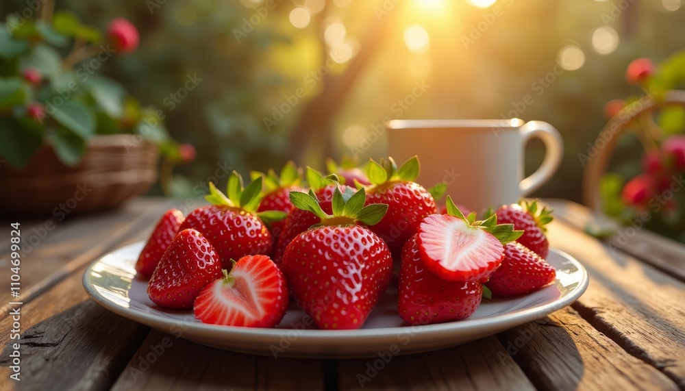 Wall mural  Delicious strawberries and coffee perfect for a sunny morning