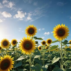 Obraz premium Wide angle shot of sunflowers in a field with a clear blue sky, clouds, summer landscape, landscape