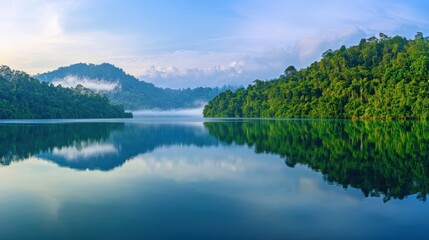 Serene lake reflecting lush green hills and morning mist.