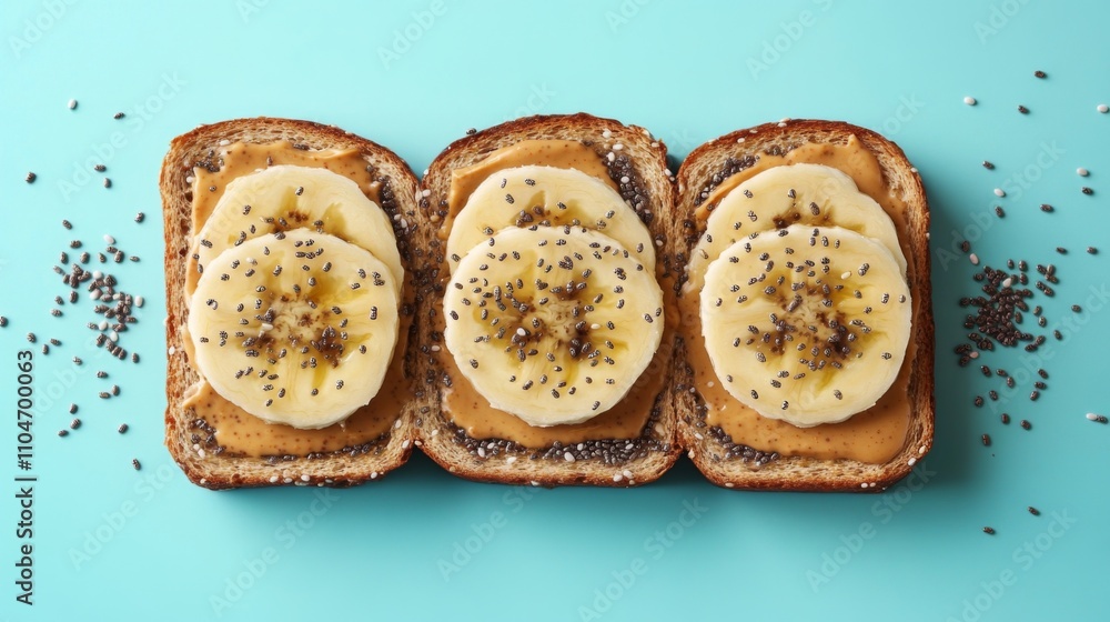 Poster delicious toast with peanut butter and banana slices