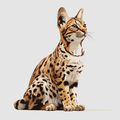 Detailed Illustration of a Sitting Wild Cat with Distinctive Spots and Ears Against a Light Background for Animal Art and Nature Projects