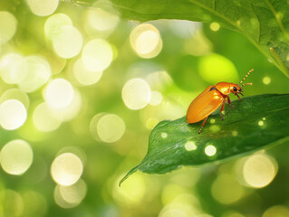 Naklejka premium Close-up of a golden beetle on a bright green leaf.