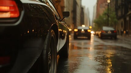 Side view of a futuristic black car next to a cityscape, Generative AI