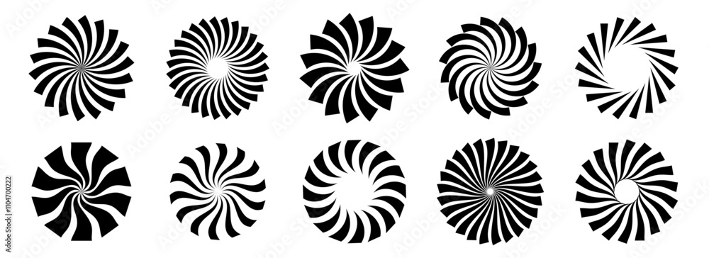 Aufkleber set of black circle rotating rays and beams. radial sunburst element pack. round spinning swirls, st