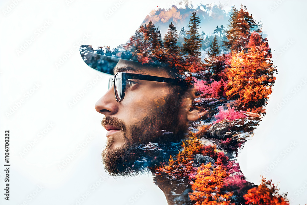 Poster A double exposure portrait blending a man's profile with a vibrant autumn landscape.