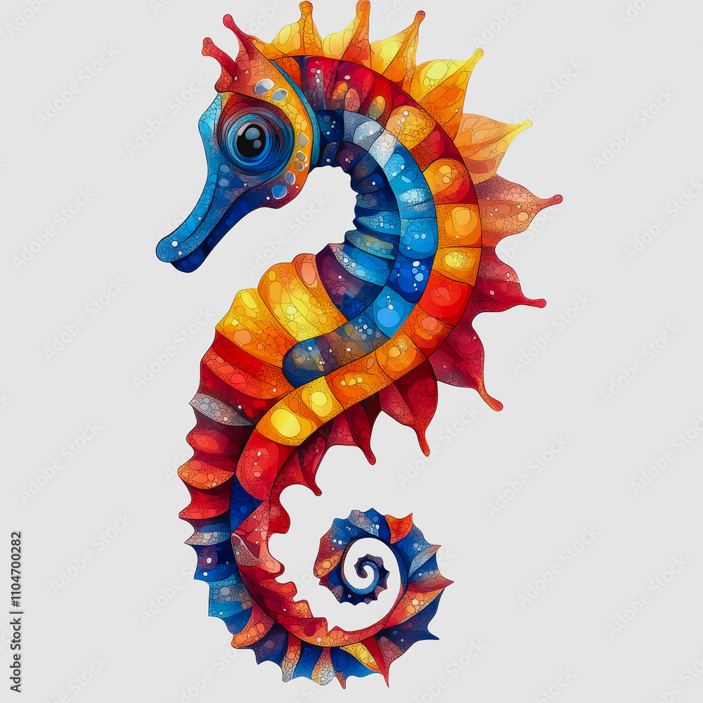 Poster vibrant and colorful seahorse illustration with intricate patterns and unique swirl design for under