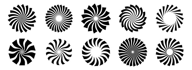 Set of black circle rotating rays and beams. Radial sunburst element pack. Round spinning swirls, stars and twirls pack. Illustration bundle for banner, badge, sticker, poster, logo. Vector © vika_k