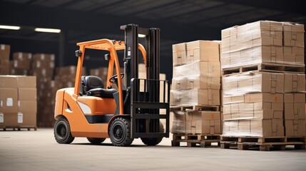 forklift in a warehouse with stacked boxes ready for shipment