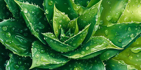 Fototapeta premium Close up of aloe vera plant with leaves and water drops, generative AI