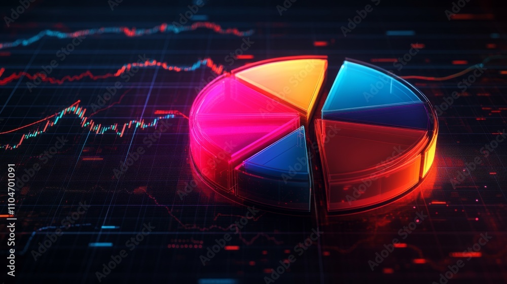Poster vibrant 3d pie chart with colorful segments on dark background
