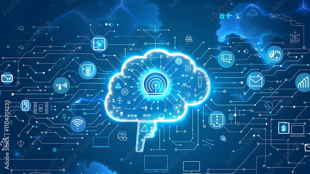 Poster abstract illustration depicting a brain-shaped cloud connected to global network, symbolizing interc