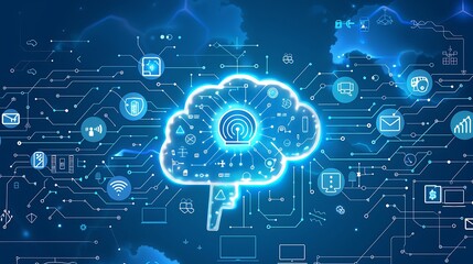Abstract illustration depicting a brain-shaped cloud connected to global network, symbolizing interconnected technology and data flow.