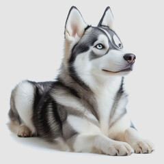 Fototapeta premium Stunning Siberian Husky Lying Calmly with Blue Eyes, Showcasing Beautiful Gray and White Fur, Ideal for Pet Lovers and Animal Enthusiasts in Various Settings