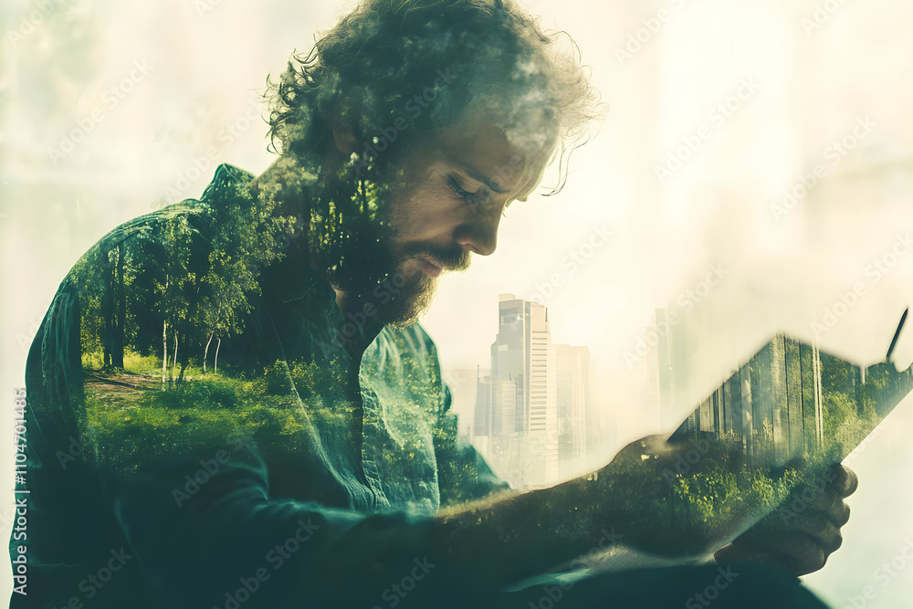 Poster A contemplative man reading with a double exposure of nature and cityscape.