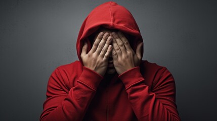 person in a red hoodie covering face with hands expressing emotions