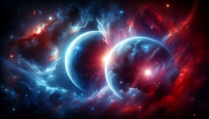 Obraz premium Celestial Bodies Orbiting Within a Nebula of Red and Blue Hues