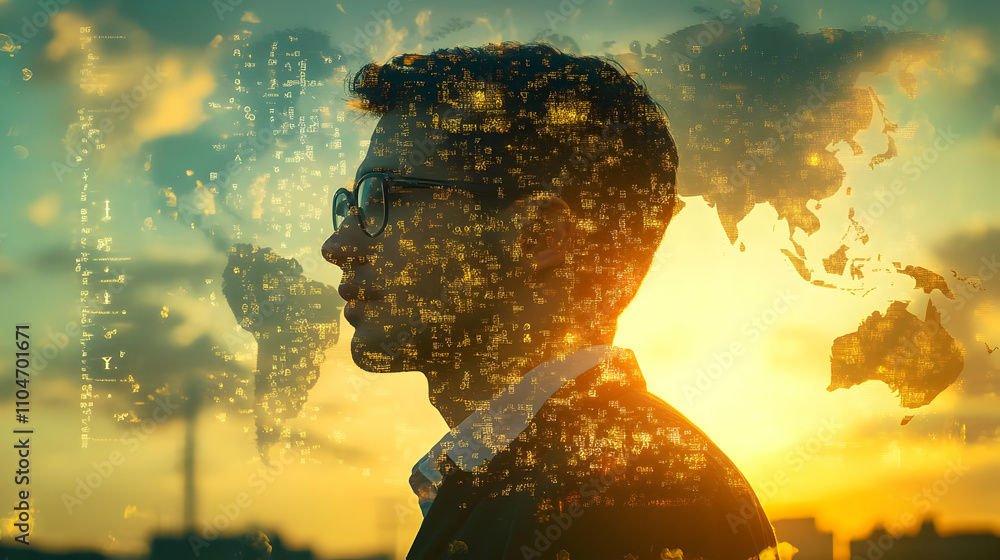 Poster a silhouette of a man against a sunset, overlaid with a world map and digital data.