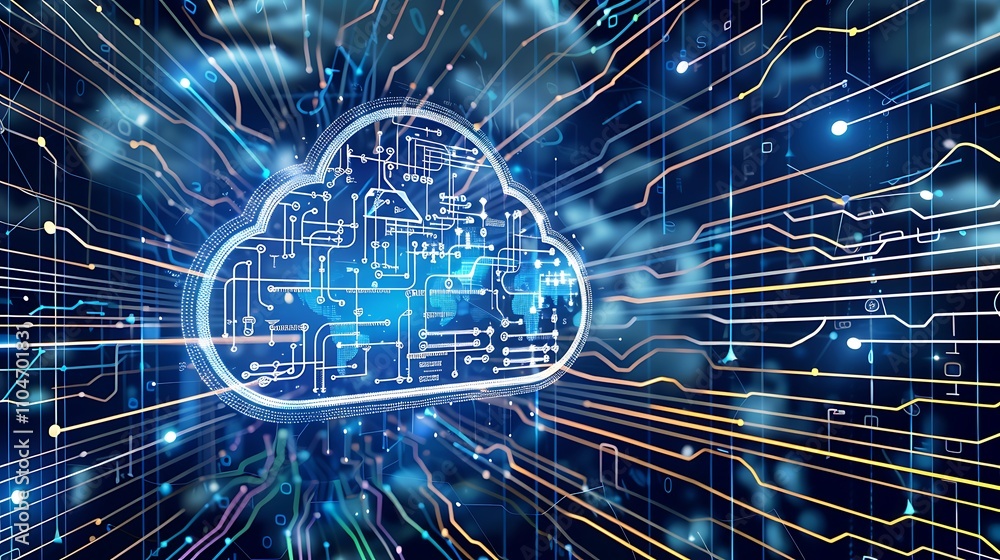Poster abstract digital cloud image depicting global network connectivity and data flow.