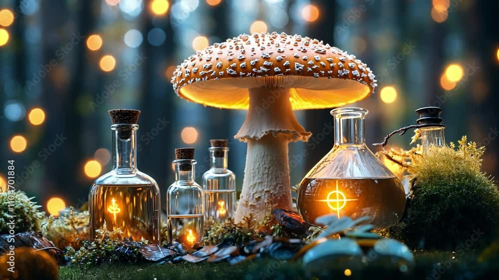 Poster enchanted forest setting with glowing mushroom and potion bottles illuminated in twilight ambiance