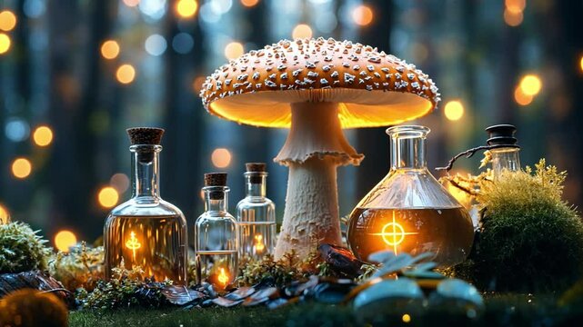 Enchanted forest setting with glowing mushroom and potion bottles illuminated in twilight ambiance