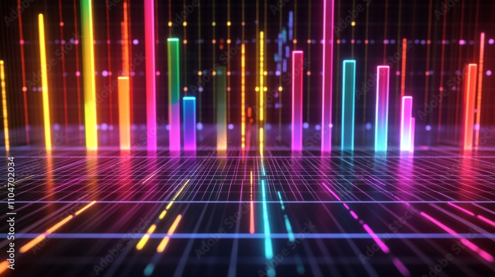 Poster colorful digital sound waves with neon light patterns and grids
