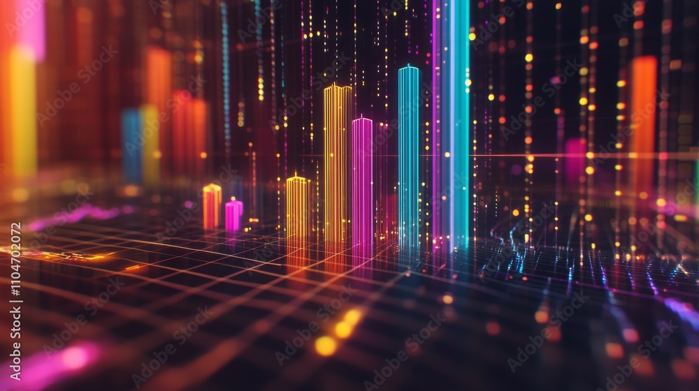 Poster abstract data visualization with colorful bar graphs and lines