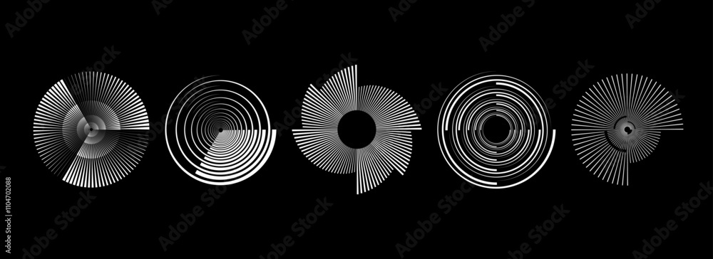 Poster Radial abstract spiral pattern set. Rotating circle sound wave concepts. Circular speed line form collection. Sunburst ray and beam design element for icon, badge, logo, tag, label, emblem. Vector